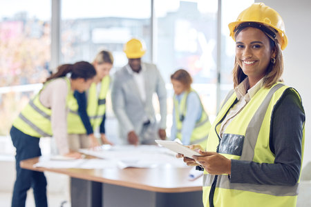 Engineering portrait, tablet and woman planning project management, industry and blueprint design in...