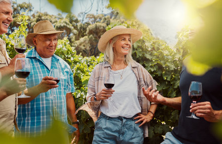 Farmer talking and explaining to diverse group of friends while holding wineglass of red wine on...