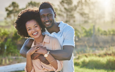 Couple, black people and hug in park portrait with smile, sunshine and happiness for romantic love....