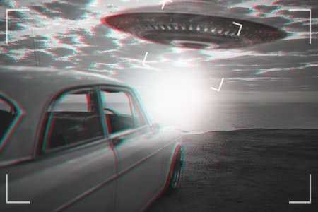 UFO, alien and viewfinder on a camcorder screen to record a flying saucer in the sky over area 51....