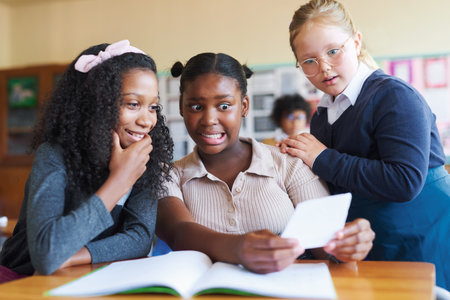 Are you seeing what Im seeing. a diverse group of girls huddled together in their school classroom and looking shocked while reading a note.の写真素材