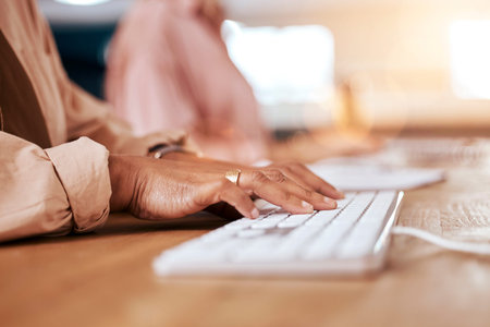 Business woman, hands and computer typing for network update, online insight and internet in office....