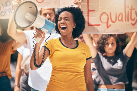 Megaphone, freedom or women equality protest for global change, gender equality or black woman speaker fight for support. Crowd poster banner, city speech or human rights rally by justice warriorの写真素材