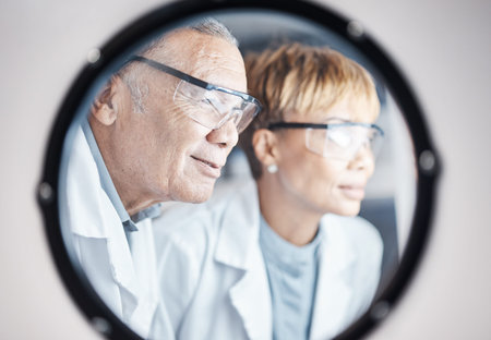 Science, research and team in laboratory incubator window for experiment, study and medical results....