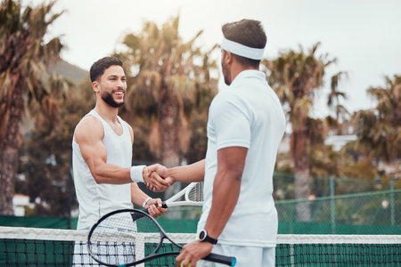 Man, tennis and handshake for partnership, game or match in competition together on the court. Men or friends shaking hands for sports training, teamwork or support in friendship, deal or agreementの写真素材