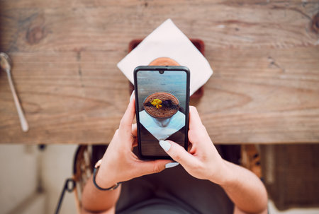 Woman, phone screen and taking photograph of coffee shop, restaurant and bistro for social media...