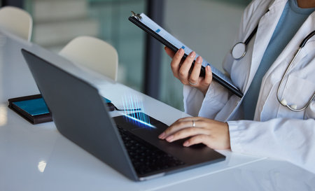 Hospital, computer stats overlay and woman hands of a doctor working with research data. Medical,...