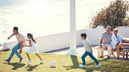 Soccer, happy and father and kids in home garden for learning, bonding and fitness with sports....