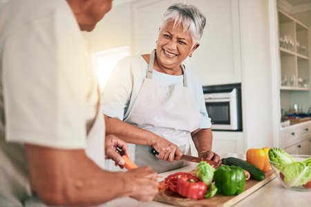 Cooking vegetables, kitchen and senior couple cutting ingredients, prepare food and smile on romantic home date. Health nutritionist, culinary and hungry man, woman or people bonding over lunch mealの写真素材