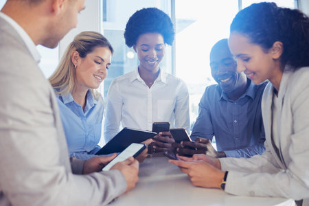 Business people, friends and phone at desk, circle and office with social media, texting or online...