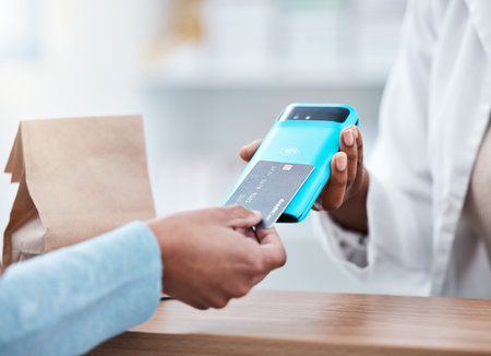 Credit card, pos payment or hands of black people for pharmacy package, medicine or product. Retail...