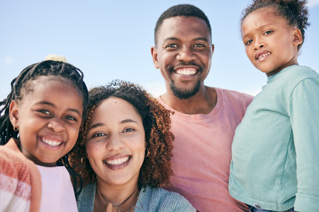 Love, blue sky portrait or happy black family on holiday for peace, freedom and outdoor quality time together. Nature sunshine, face happiness or Nigeria children, father and mother smile on vacationの写真素材