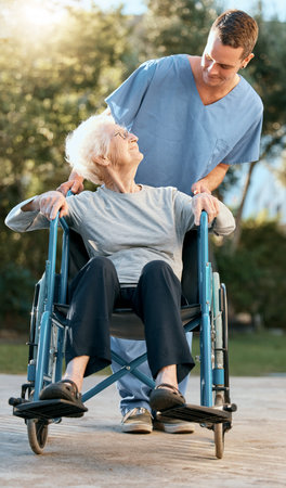 Healthcare, senior and wheelchair help of a woman with elderly nursing home nurse. Person patient...