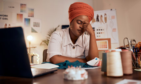 Fashion designer, headache or stress in boutique, small business or retail store with pattern fail, mistake or crisis. Black woman, seamstress or worker with burnout, mental health or fabric anxietyの写真素材