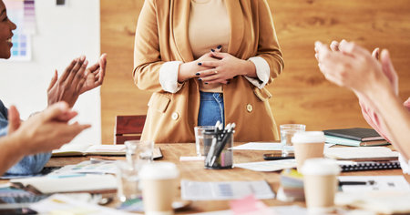 Hands, happy and business people clapping for success in a meeting or presentation of a company....