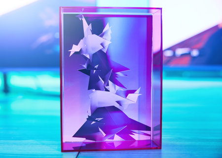 Futuristic, statue and 3d design in a cube for gaming, fun and presentation. Creative neon, digital...