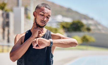 Fitness, runner or black man checking pulse on smartwatch for training time, wellness goal or workout on tracker app. Athlete, jogger or man for watch progress, heart rate or health cardio in streetの写真素材