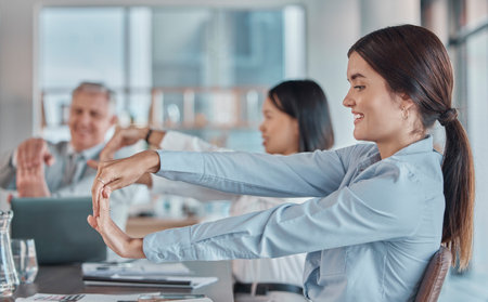 Hand gesture, meeting and vision with a business woman in the meeting during a learning or coaching seminar. Workshop, collaboration or mindset and a female employee in the boardroom with her teamの写真素材