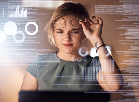 Laptop, coding or abstract for business woman, confused worker or curious web designer in night office. Programmer, technology or 3d code in dark company for cybersecurity, software or data analyticsの写真素材