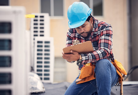Engineer, roof and checklist for air conditioning maintenance, safety and inspection for quality...