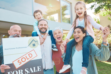 Real estate, portrait and happy family outside of new house, excited and smiling in a garden....