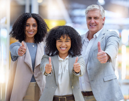 Thumbs up, hands and portrait of business people smile for yes review, thank you and trust. Diversity, employees and thumb gesture for support, like emoji and team motivation of agreement, ok or voteの写真素材