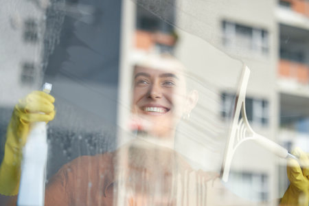 Window cleaning, smile and happy woman at home washing windows with glass cleaner. Helping, working and maid with spray detergent product for house chores and disinfectant wipe with sanitation soapの写真素材