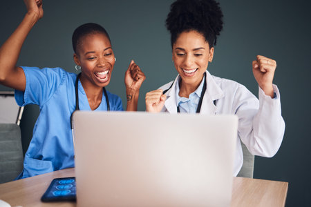 Laptop, black people or doctors in celebration of success for healthcare goals, achievement or...