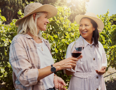 Two smiling women standing together and holding wineglasses on vineyard. Happy friends bonding during wine tasting on farm during weekend. Caucasian and mixed race woman enjoying red wine and alcoholの写真素材