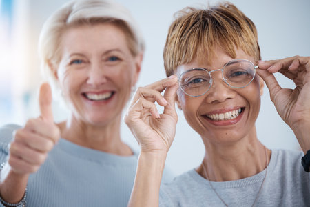 Portrait, thumbs up and senior women with glasses for vision, optometry or wellness in optics store. Healthcare face, hand emoji and smile of happy female with optometrist for success, ok or approvalの写真素材