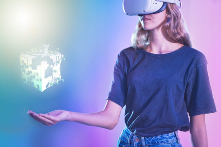 VR, metaverse or woman with hologram in hand for futuristic gaming, virtual reality or digital tech...