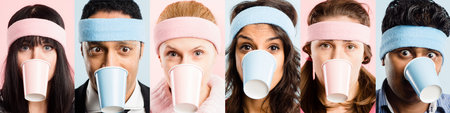 We need more coffee. Collaged shot of a diverse group of people standing in the studio and posing while biting coffee cups.の写真素材