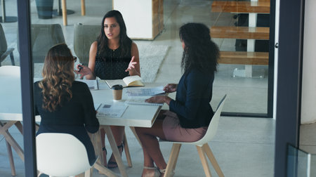 Strategy is the most important part of business. High angle shot of three young businesswoman sitting in the boardroom during a management meeting.の写真素材