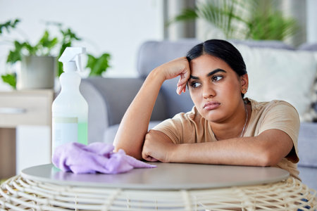 Cleaning, tired and bored with a woman in the living room of her home for hygiene or...
