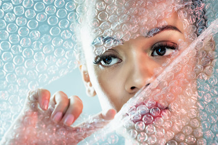 wrap, cosmetics and face of woman with makeup, red lipstick and skincare products in studio. Creative art, beauty mockup and girl with facial glow, aesthetic and luxury style with plastic tearの写真素材