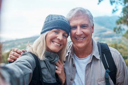 Old couple, selfie and portrait, hiking in forest and happy people in nature and memory for social...