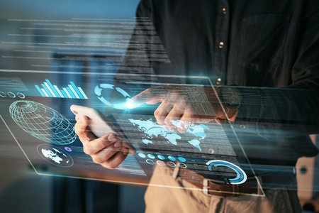 Phone, hologram and man hands for data analytics, information technology and global network on...