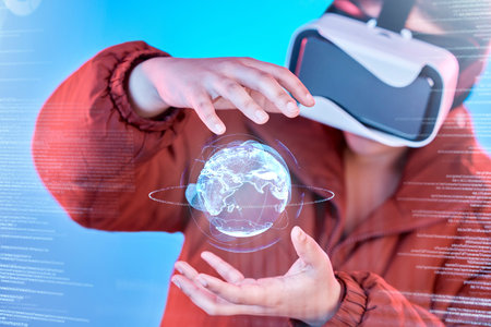 Metaverse, woman or virtual reality Earth with overlay for digital transformation, global network...