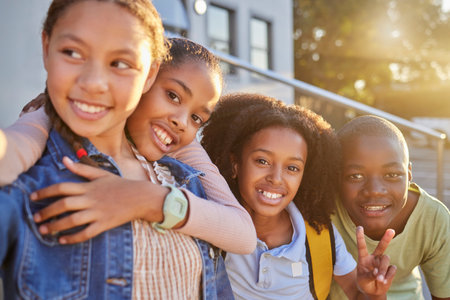Young children, selfie and friends together, pose in outdoor portrait, social and students on school campus. Education, learning and primary school kids smile in photo with diversity and friendship.の写真素材