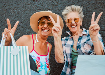 Peace, fun and portrait of women shopping in the city for bonding, holiday and weekend fun. Carefree, excited and elderly friends with bags after a sale, retail discount and ecommerce in townの写真素材