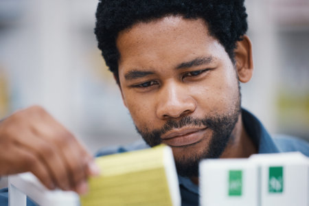 Pharmacy, medicine and pills, black man and face, healthcare and prescription medication in drug...