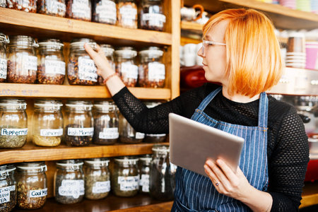 She found an easier way to keep track of her stock. a young woman using a digital tablet while working in a coffee shop.の写真素材