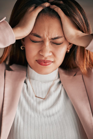Headache, pain and business woman face feeling stress and frustrated from work. Employee, young...