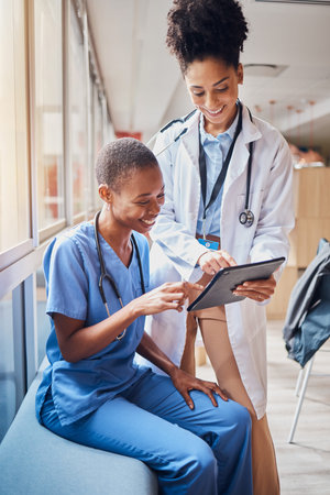 Tablet, black women or doctors planning surgery in conversation about medical news or tests results...