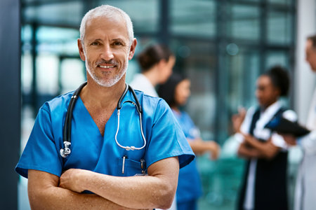 Happiness, portrait of doctor or nurse with mockup in hospital lobby, healthcare and support in...