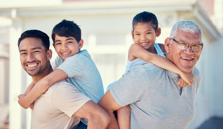 Family, dad and grandfather piggyback children in portrait, love and relationship with generations,...