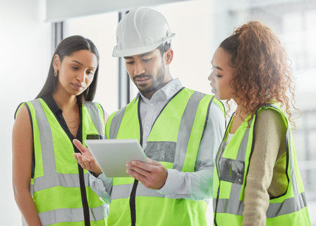 Engineering, tablet and people planning, teamwork and building development or project management....
