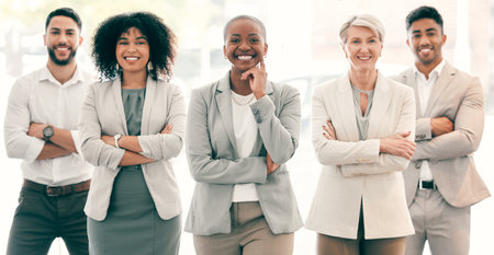 Portrait, lawyers and group of business people with arms crossed in office. Confidence, team and happy employees, men and women, attorneys and collaboration for diversity, solidarity or cooperationの写真素材
