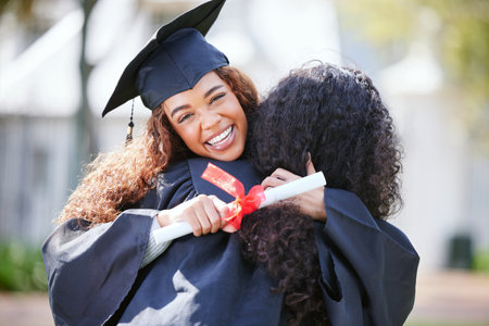 Women friends, hug and graduation certificate with smile, celebration or solidarity for success at college. University students, girl and portrait with diploma, pride and excited with congratulationsの写真素材