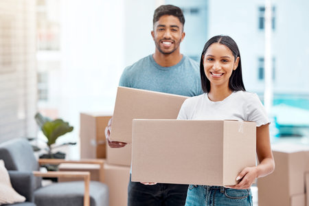 Box, happy and portrait of couple in new home excited for property, apartment and real estate...
